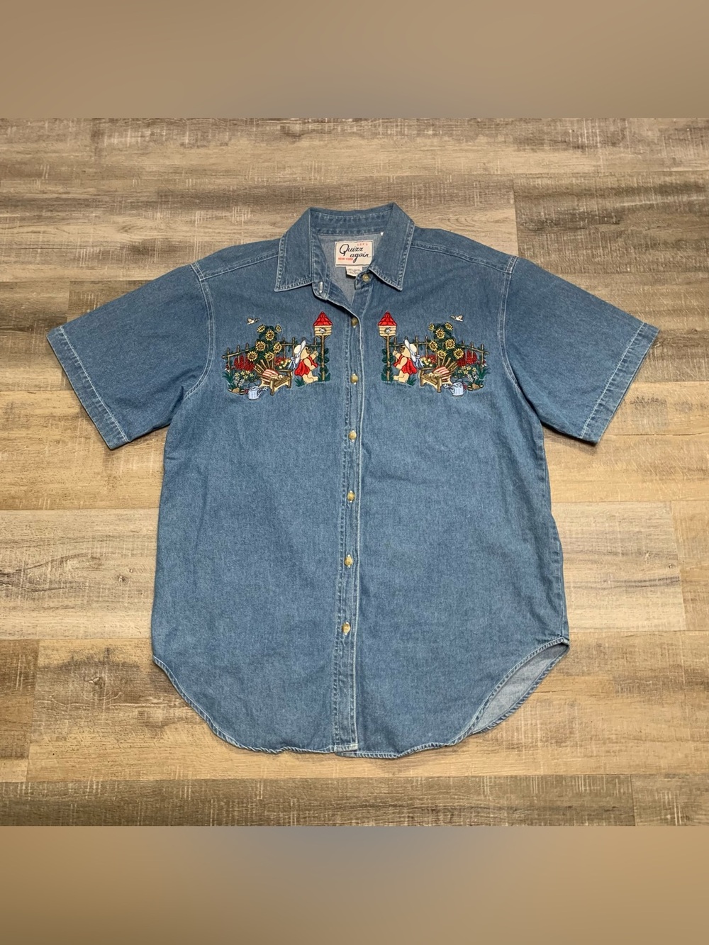 Let's Quizz Again New York  Soft Denim Vintage Button Up Top Embroidered Bears M